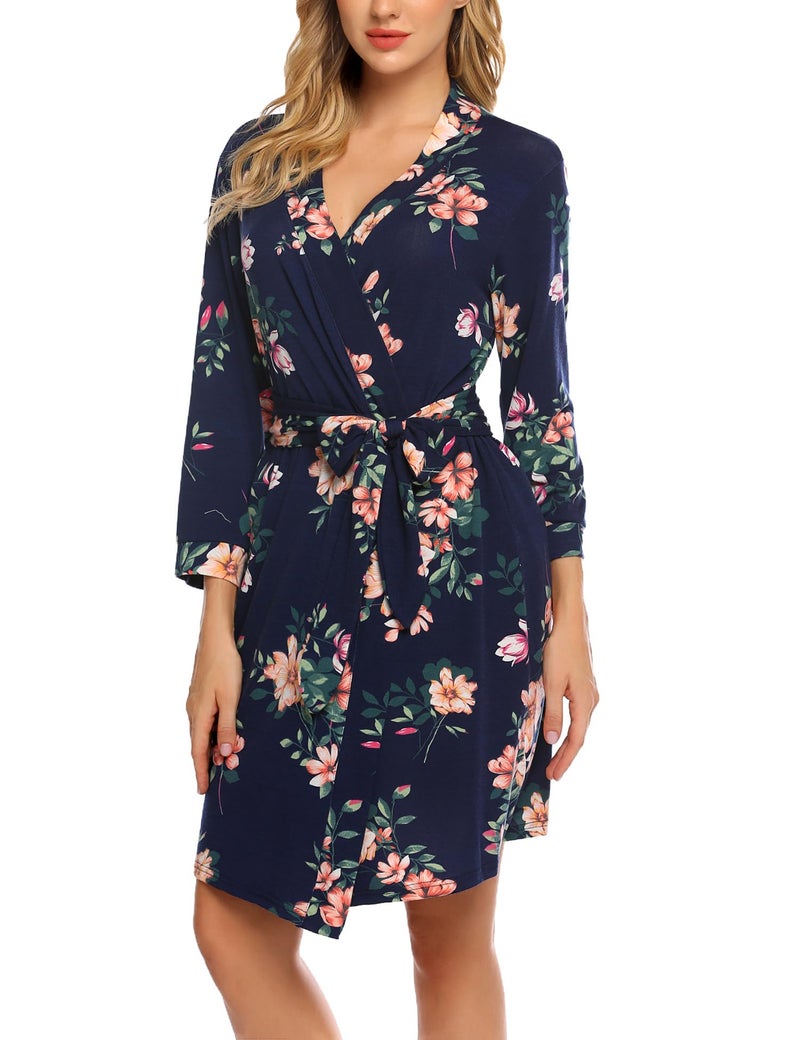 HOTOUCH Bathrobe for Women Short Knit Summer Knee Length Robes 3/4 Sleeve Robe Loungewear Navy Floral M - Image 3